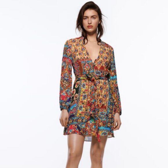 Zara Multicolour Paisley Boho Fit & Flare Long Sleeve Mini Dress with Belt - S - Picture 1 of 3